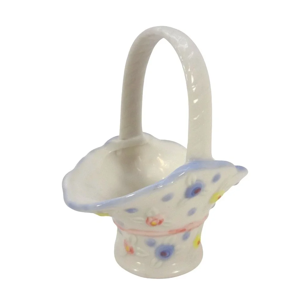 Vintage Miniature‎ Ceramic Floral Basket Hand Painted White Blue Porcelain Decor